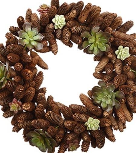 Lovely 26" permanent wreath with pine cones and succulents will dress up the front door for winter