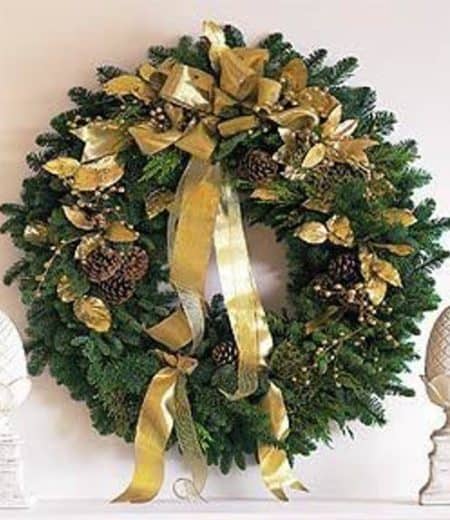 Wreath with Gold Bow and Pine Cones