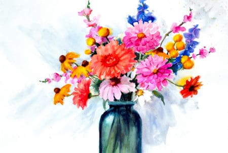 original art, beautiful watercolor painting of flowers in vase